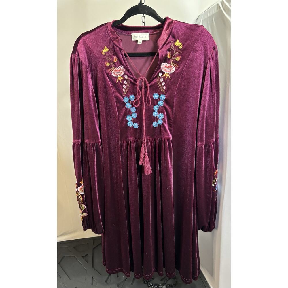 Her Story Velvet Embroidered Boho Dress – Burgundy Floral Peasant Small